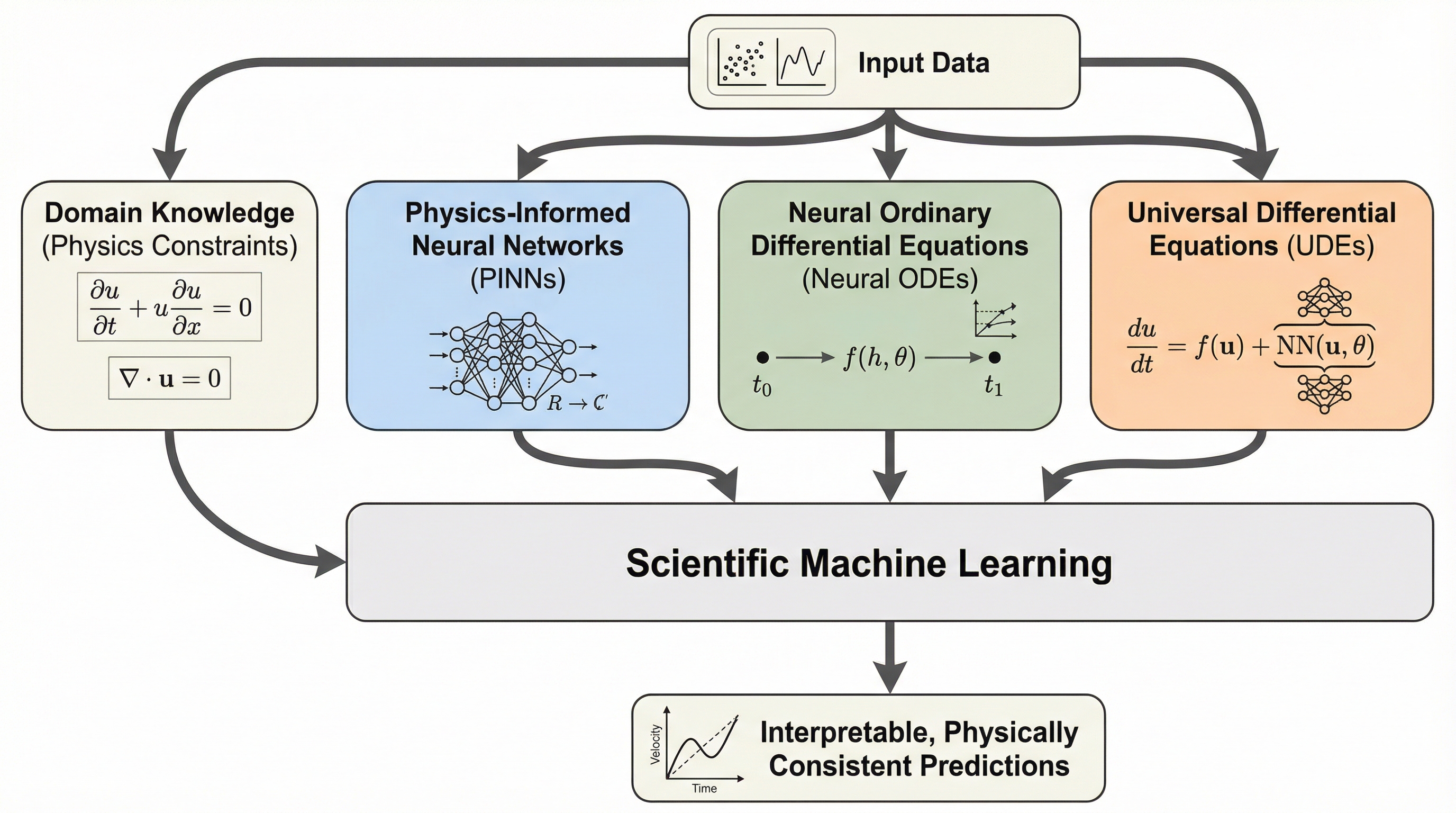 Scientific Machine Learning overview showing PINNs, Neural ODEs, and UDEs